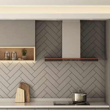 Coifa de Parede Cuisinart Arkton Inox 90cm com acabamento inox e vidro preto, design slim inclinado, painel touch e iluminação LED