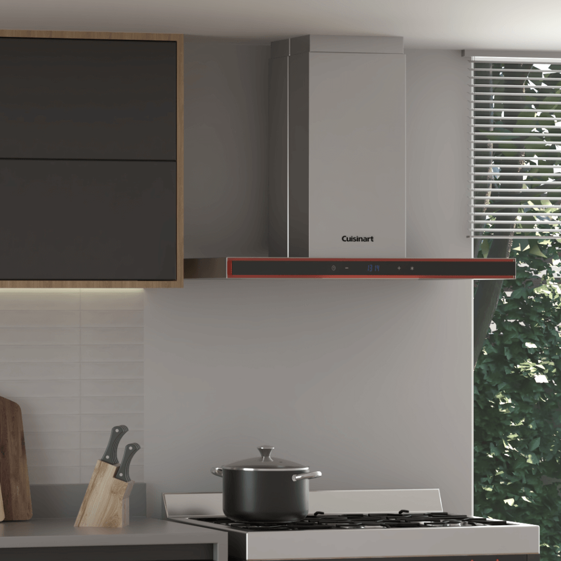 Coifa de Parede Cuisinart Arkton Inox 90cm com acabamento inox e vidro preto, formato slim inclinada, painel touch e duto visível