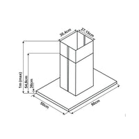 Coifa de Parede Cuisinart Arkton Inox 90cm mostrando desenho técnico em perspectiva com chaminé inox retangular e medidas