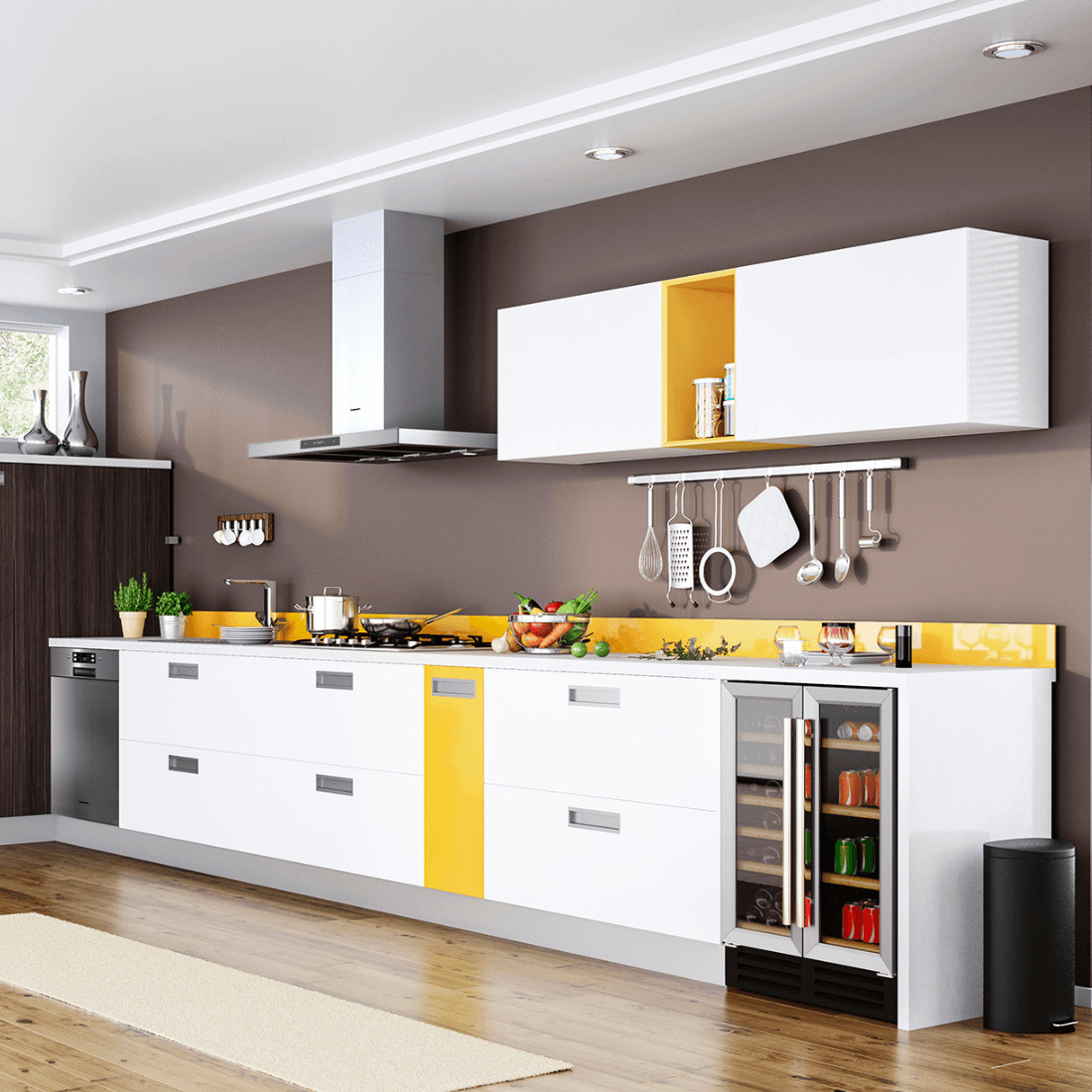 Coifa de Parede Cuisinart Casual Inox 90cm mostrando acabamento inox slim, painel touch, iluminação embutida e duto aparente na parede