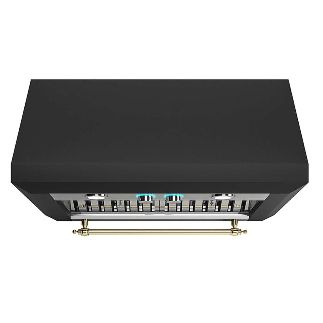 Coifa Elica de Parede New Calabria Vintage 91cm Preto Fosco, coifa de parede preta fosco com barra dourada, controles e filtros inox visíveis