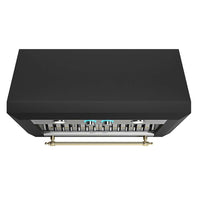 Coifa Elica de Parede New Calabria Vintage 91cm Preto Fosco, coifa de parede preta fosco com barra dourada, controles e filtros inox visíveis