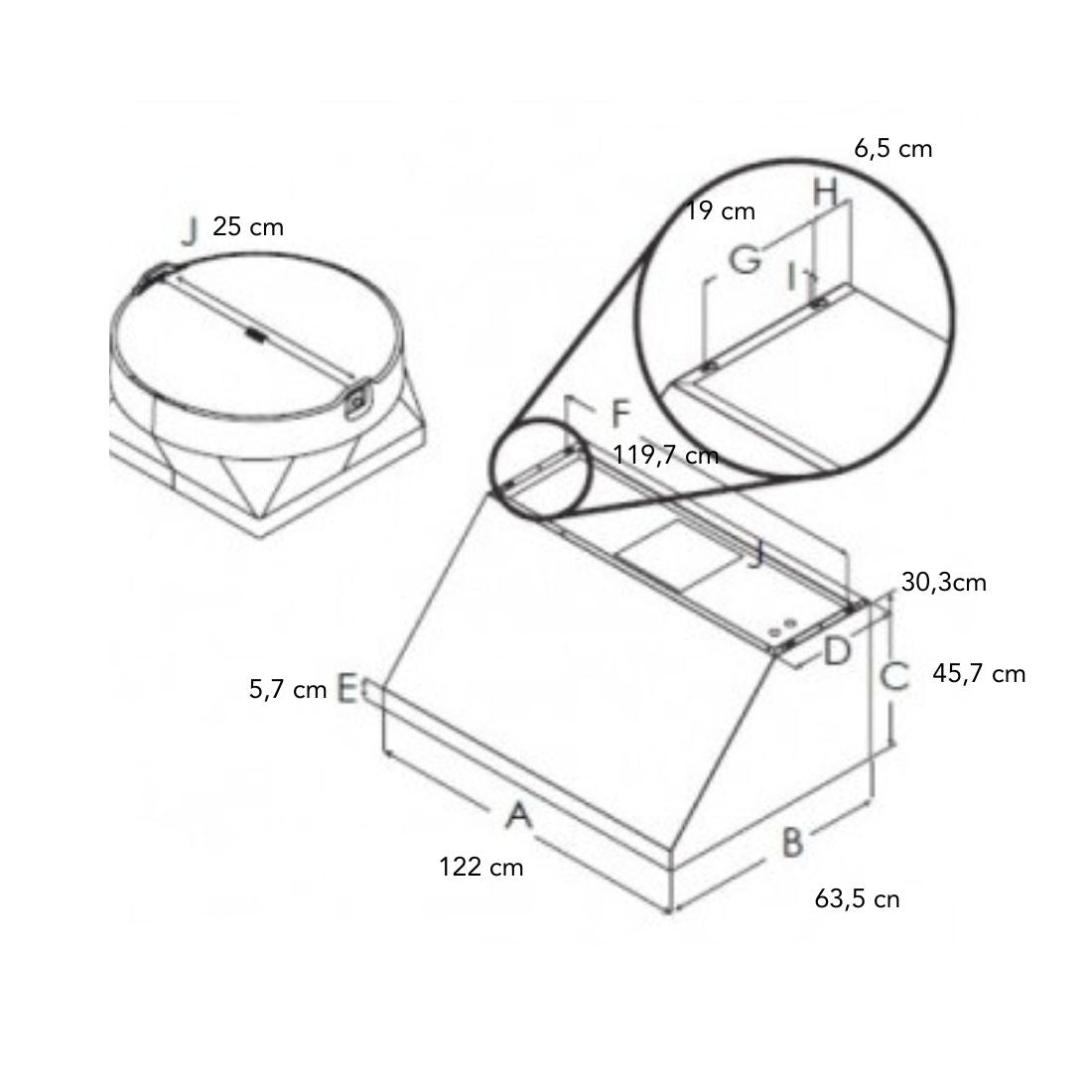 Coifa Elica de Parede New Calabria Vintage 122cm Inox em inox com formato piramidal, duto superior visível e medidas técnicas ilustradas
