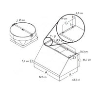 Coifa Elica de Parede New Calabria Vintage 122cm Inox em inox com formato piramidal, duto superior visível e medidas técnicas ilustradas