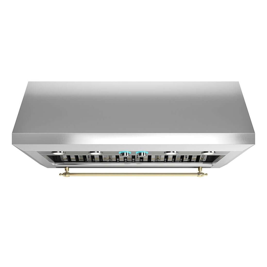 Coifa Elica de Parede New Calabria Vintage 122cm Inox em inox escovado, formato inclinada retangular, iluminação e barra frontal dourada