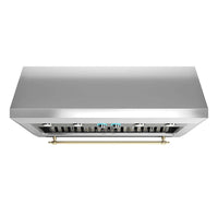 Coifa Elica de Parede New Calabria Vintage 122cm Inox em inox escovado, formato inclinada retangular, iluminação e barra frontal dourada