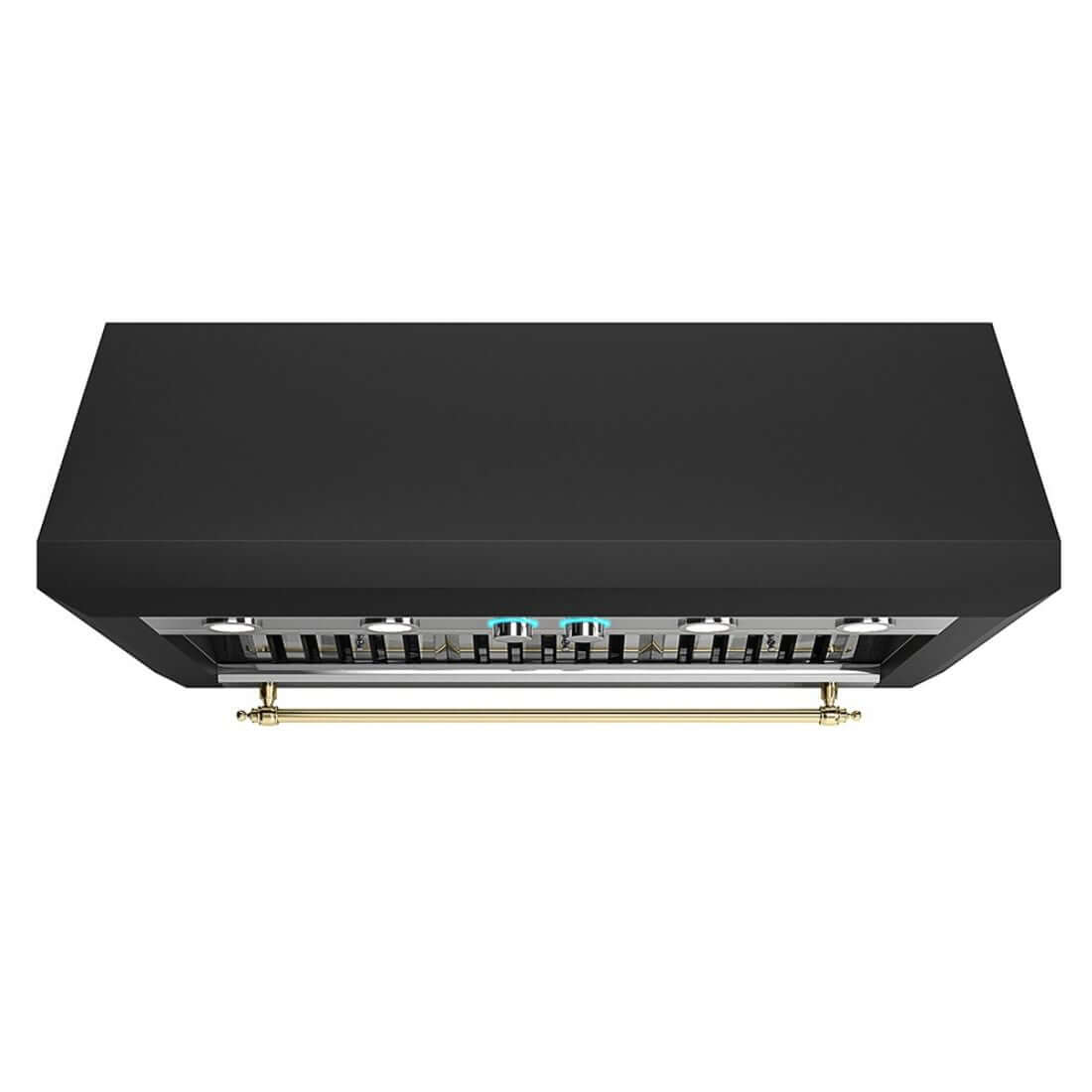 Coifa Elica de Parede New Calabria Vintage 122cm Preto Fosco, coifa de parede em inox preto fosco com formato retangular, barra dourada e painel frontal