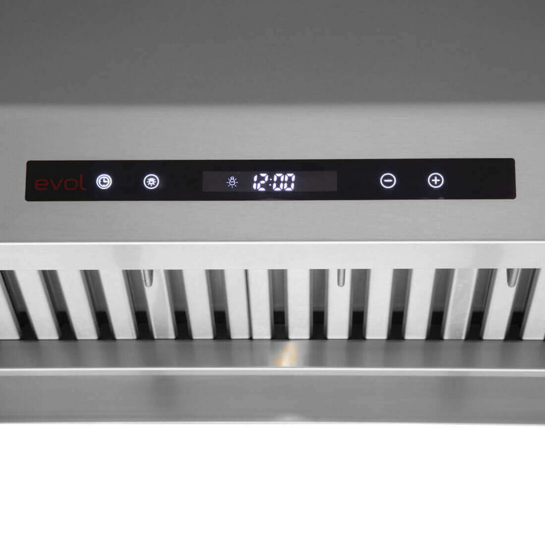 Coifa Evol Alpha para Churrasqueira Inox 125cm 2 Motores - painel touch preto com display digital e filtros inox em coifa de parede