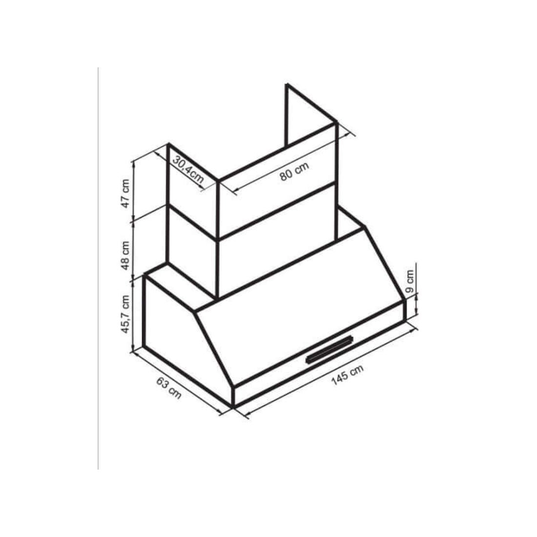 Coifa Evol Alpha para Churrasqueira Inox 145cm 2 Motores - desenho técnico da coifa de parede inox 145cm com medidas, duto e formato inclinada