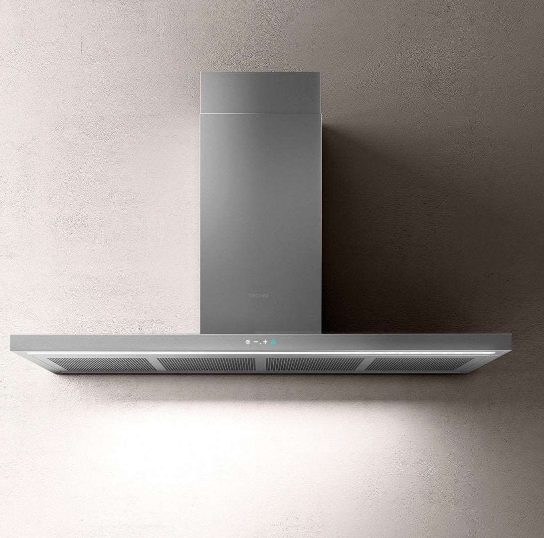 Coifa Tecno Original de Parede Inox 120cm em inox escovado, formato retangular slim com duto visível, iluminação LED e painel touch.