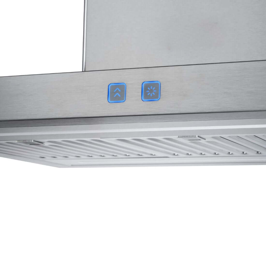 Coifa Tecno Ilha com painel luminoso em aço inox, botões de controle de toque e design moderno.
