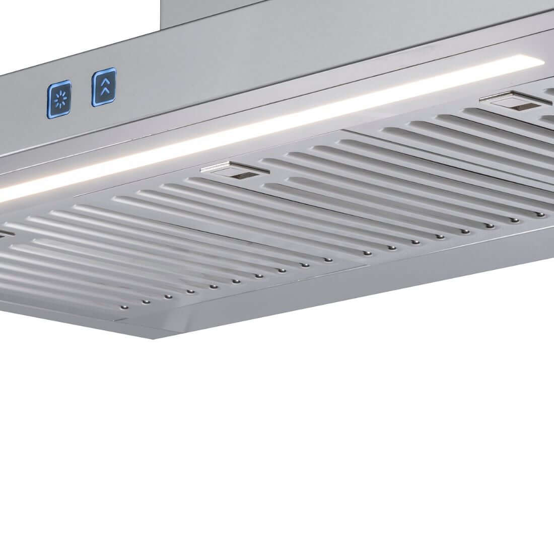 Coifa Tecno Ilha Toblino Vintage com painel luminoso e filtros baffle em aço inox escovado.