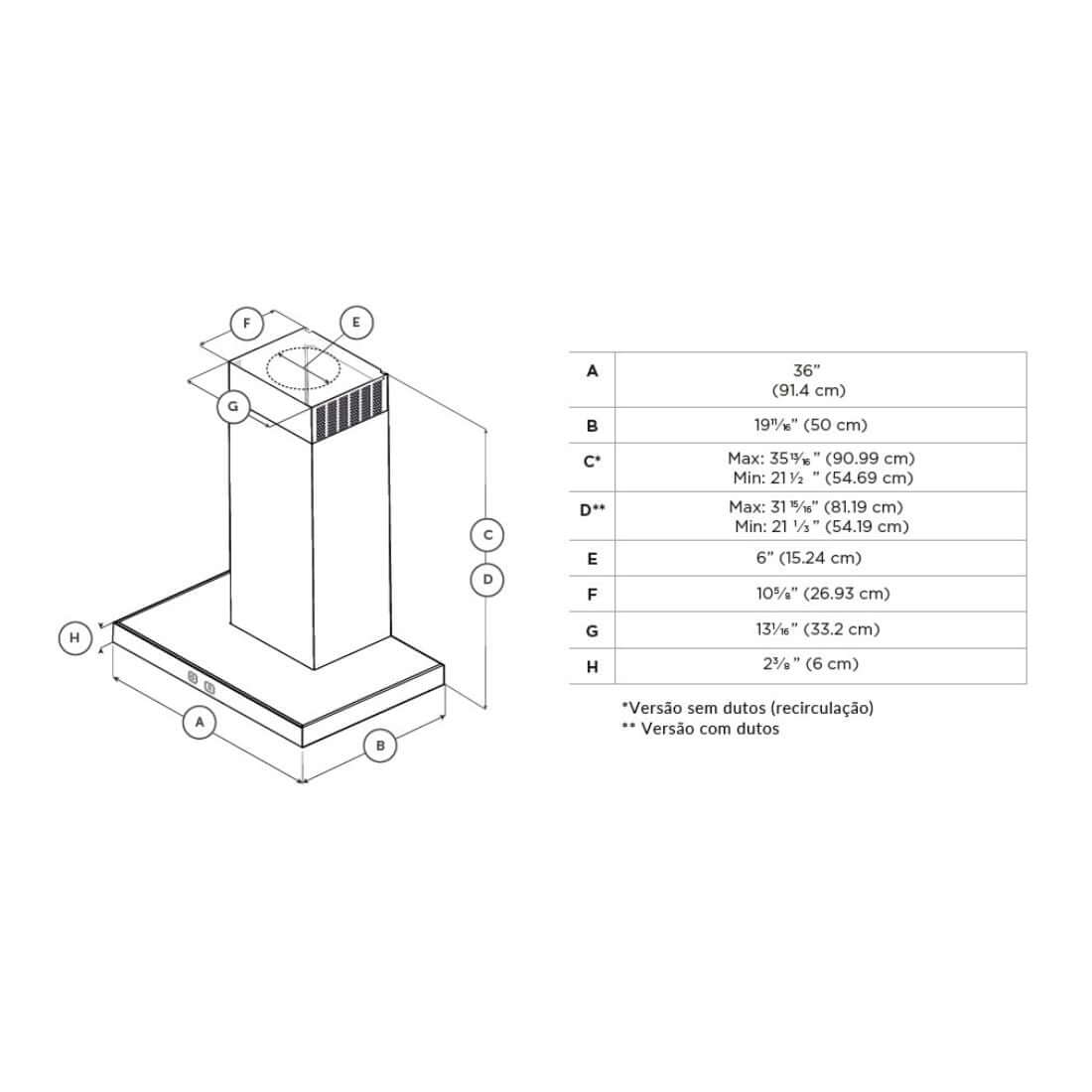 Dimensões da Coifa Tecno de Parede Toblino Professional Inox 91cm com detalhes técnicos.