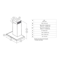 Dimensões da Coifa Tecno de Parede Toblino Professional Inox 91cm com detalhes técnicos.