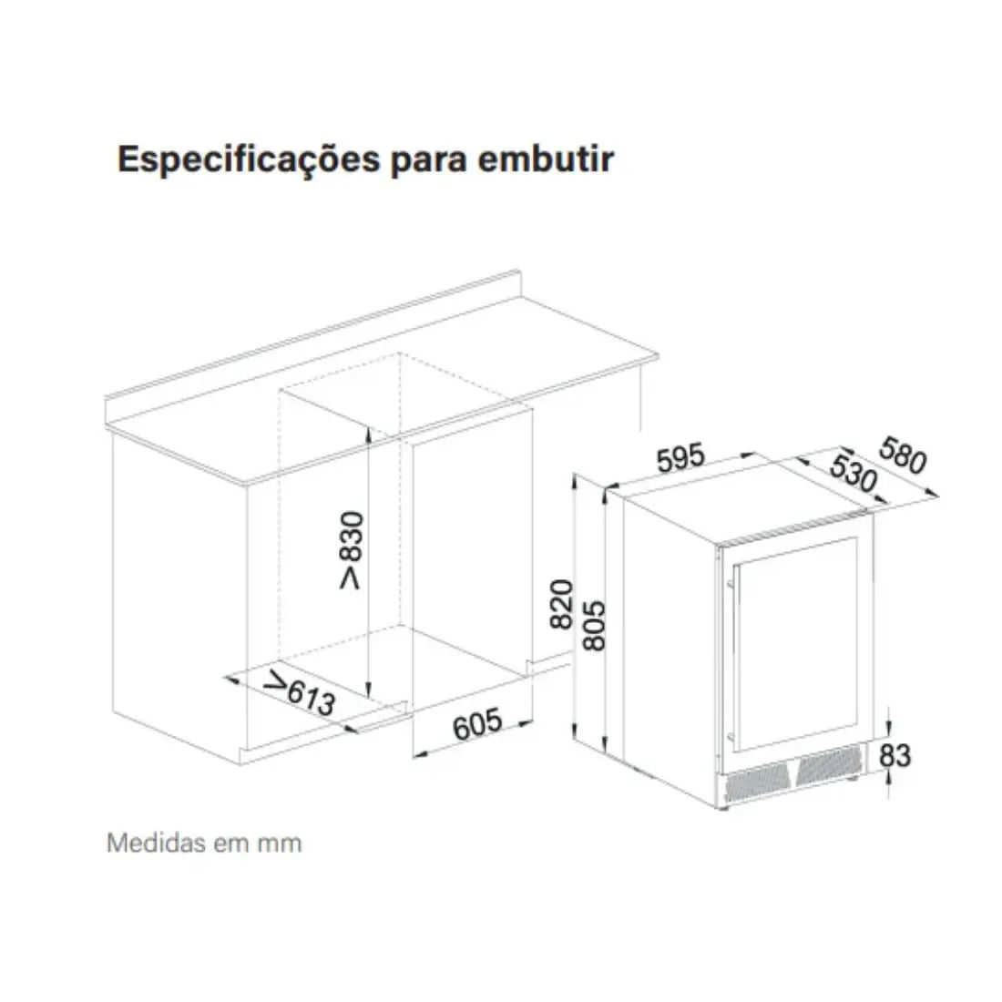 Freezer Evol Smart 142 Litros Inox 60cm mostrando medidas para embutir, acabamento inox, porta frontal e espaço para ventilação