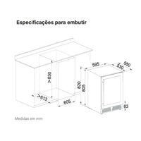 Freezer Evol Smart 142 Litros Inox 60cm mostrando medidas para embutir, acabamento inox, porta frontal e espaço para ventilação
