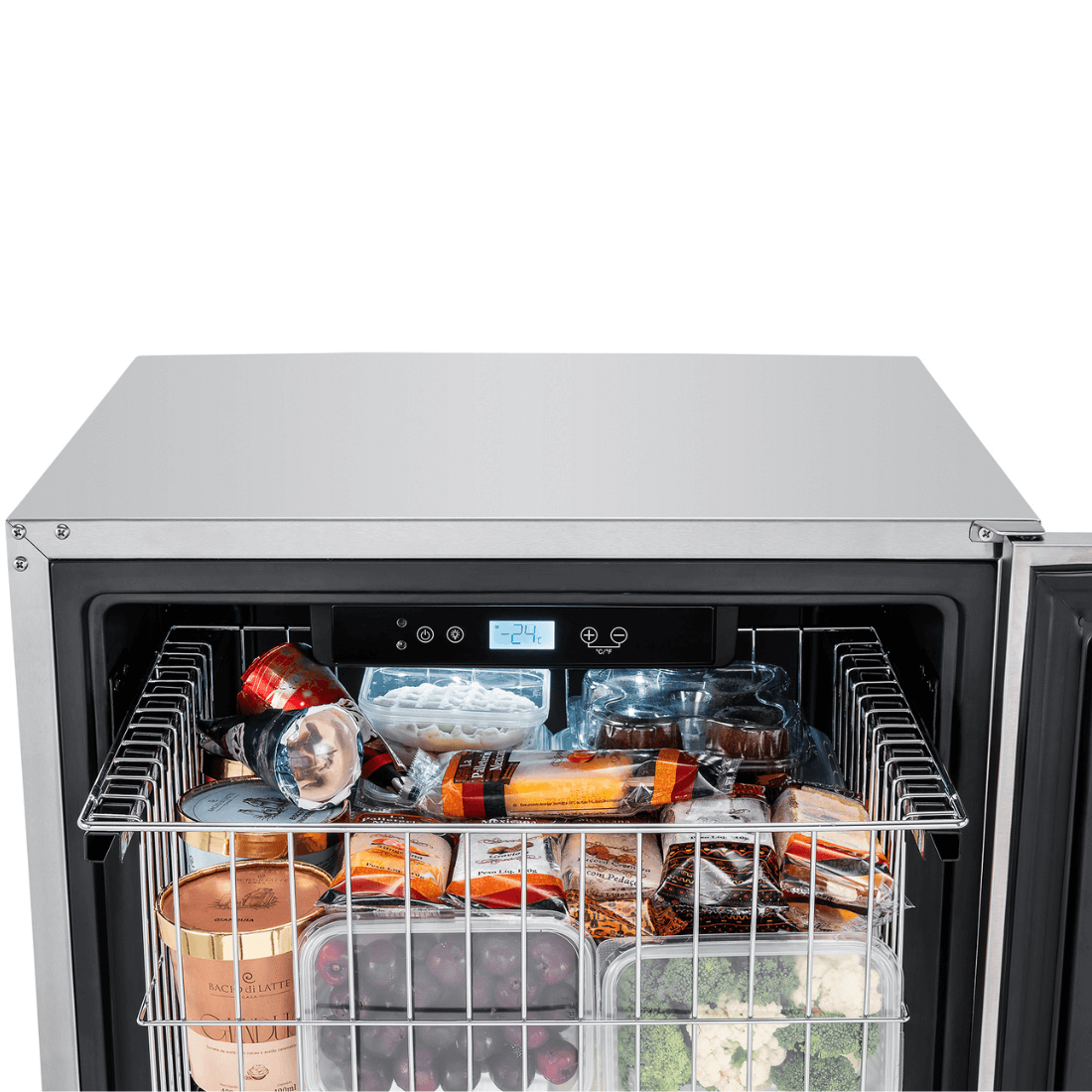 Alt Tag: Freezer Tecno Vintage 100 Litros Inox 60cm - freezer de embutir inox com painel touch, puxador em latão e cestos organizadores internos