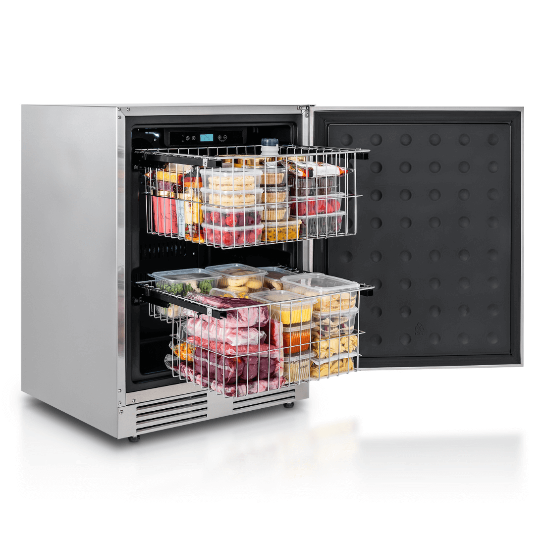 Freezer Tecno Vintage 100 Litros Inox 60cm: freezer de embutir inox com cestos puxáveis, porta simples e interior organizado com alimentos