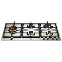Cooktop Bertazzoni Heritage 5 Bocas à Gás Inox 89cm - cooktop a gás em inox com queimadores Sabaf e botões em latão, trempes ferro fundido