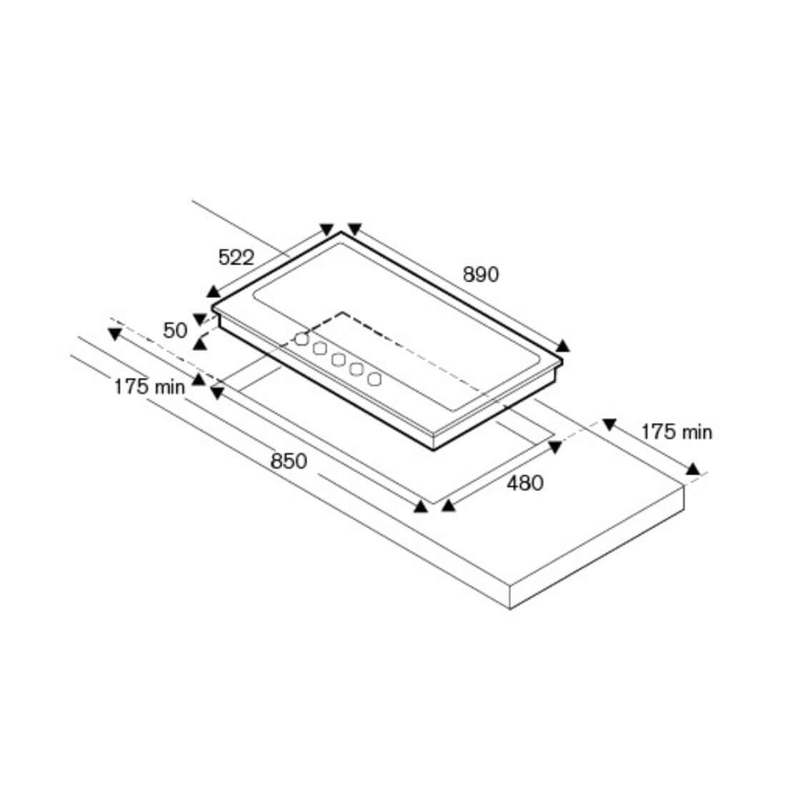 Cooktop Bertazzoni Heritage 5 Bocas à Gás Inox 89cm: diagrama técnico com medidas de corte 850x480mm e distância mínima 175mm