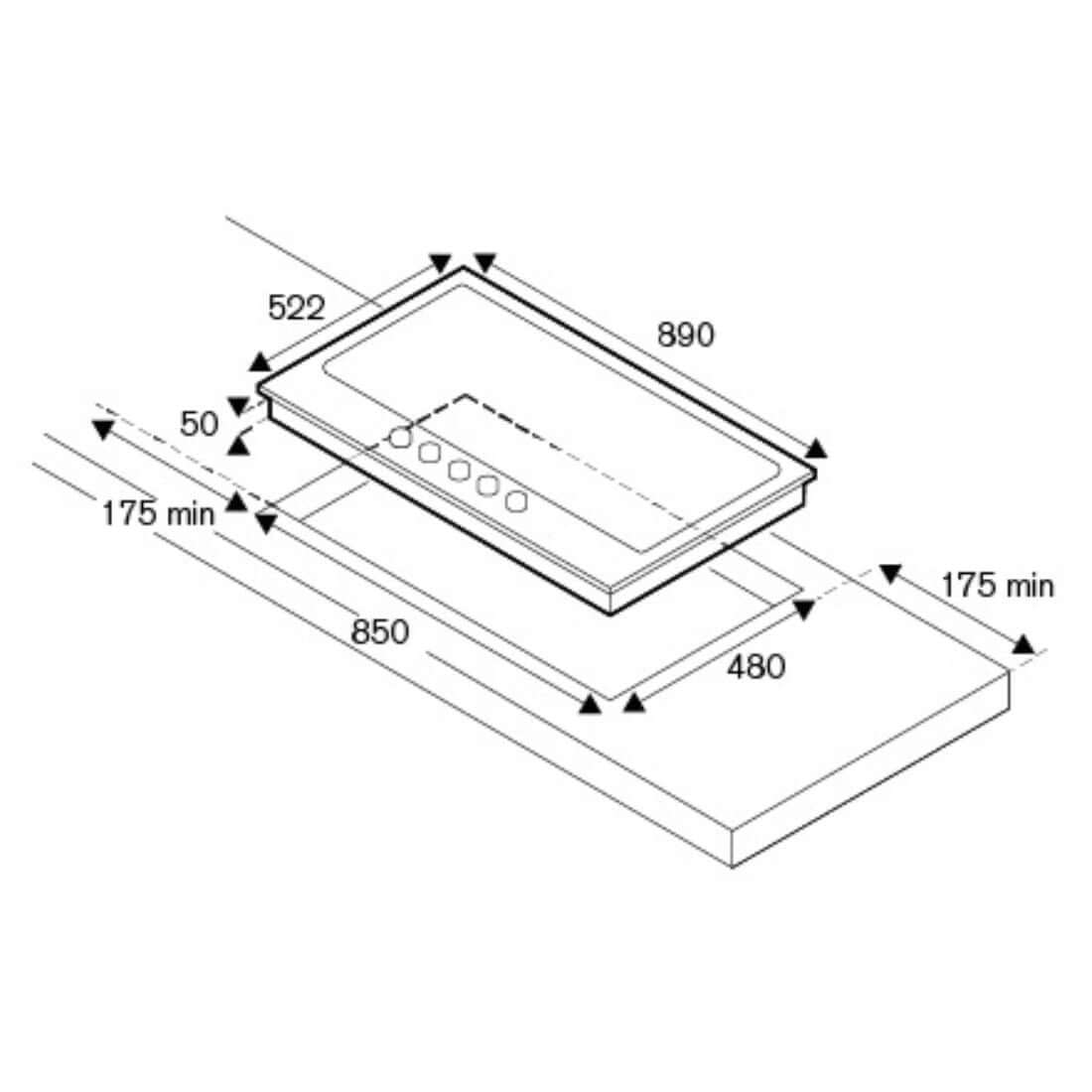 Cooktop à Gás Bertazzoni Professional 5 Bocas Inox 89cm em desenho técnico com medidas de corte para embutir, mostrador inox e comandos frontais