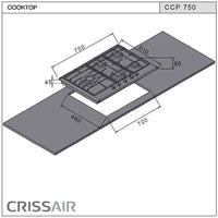 Cooktop a Gás CrissAir 5 Bocas Inox 75cm mostrando medidas de corte e instalação, mesa inox semi filo e trempes em ferro fundido