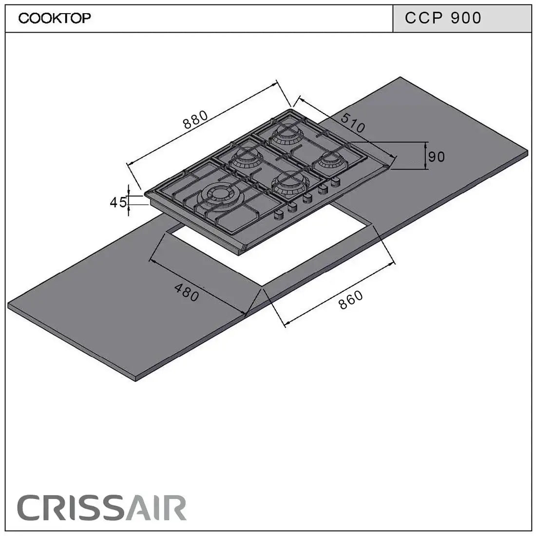 Cooktop a Gás CrissAir 5 Bocas Inox 90cm, cooktop a gás italiano embutido em inox 304 com trempes em ferro e válvulas stop-gás