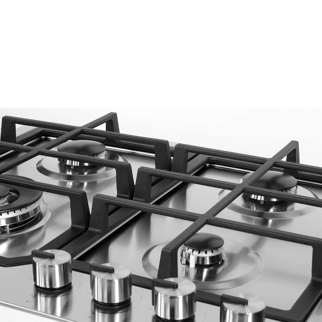 Cooktop a Gás CrissAir 4 Bocas Inox 60cm: cooktop a gás italiano inox com 4 queimadores, trempes ferro fundido e botões inox, acabamento semi filo