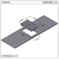 Cooktop Dominó a gás CrissAir 1 Boca Inox 30cm, desenho técnico mostrando corte para embutir, acabamento inox e trempe