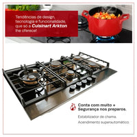 Cooktop à Gás Cuisinart Arkton 5 Bocas Vidro Preto 90cm com mesa em vidro temperado, trempes ferro fundido e acendimento superautomático