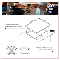 Cooktop à Gás Cuisinart Arkton 5 Bocas Vidro Preto 75cm mostrando medidas de nicho, profundidade 12cm e recomendação de panelas com fundo plano