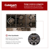 Cooktop à Gás Cuisinart Arkton 5 Bocas Vidro Preto 90cm em vidro temperado preto, trempes em ferro fundido e acendimento super automático