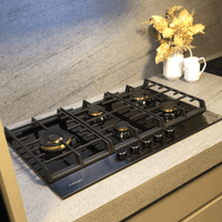 Cooktop à Gás Cuisinart Arkton 5 Bocas Vidro Preto 75cm: cooktop a gás com mesa em vidro temperado preto, trempes ferro fundido e acendimento automático