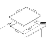 Cooktop à Gás Cuisinart Arkton 4 Queimadores Inox 60cm mostrando medidas de corte e nicho para instalação em inox, design retangular