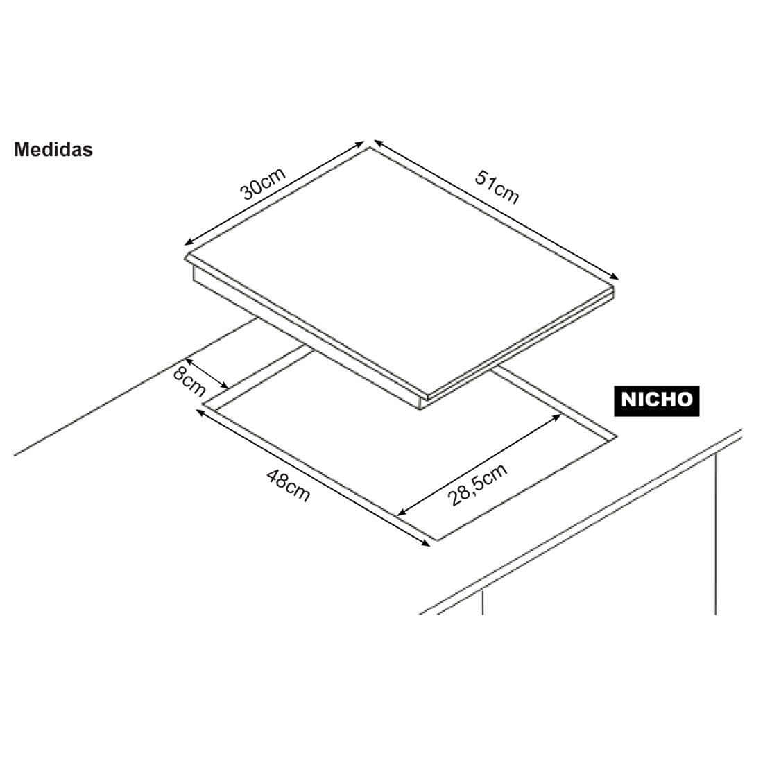 Cooktop Dominó a gás Cuisinart Prime 1 Boca Tripla Chama Inox 30cm em inox, vista com medidas de nicho e dimensões para embutir