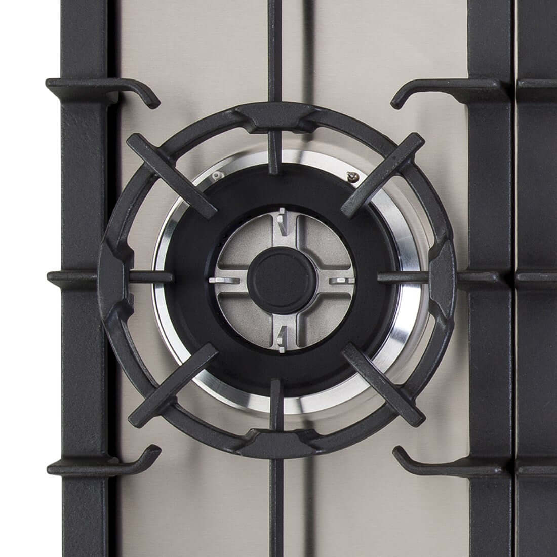 Cooktop à Gás Cuisinart 5 Bocas Inox 75cm mostrando queimador tripla-chama removível, trempes em ferro fundido e acabamento inox escovado