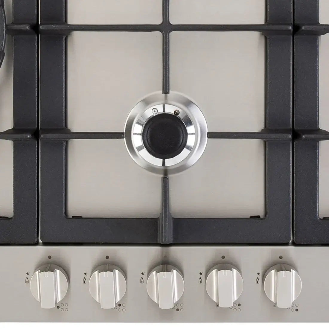 Cooktop à Gás Cuisinart 5 Bocas Inox 75cm com acabamento inox, trempes ferro fundido, queimador tripla-chama e acendimento superautomático