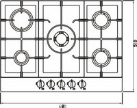 Cooktop à Gás Debacco Zurique 5 Bocas Inox 70cm vista superior técnica com cinco queimadores, trempes em ferro e acabamento inox