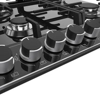 Cooktop a Gás Debacco Montreal 5 Bocas Vidro Preto 90cm com botões frontais, mesa em vidro temperado preto, trempes em ferro fundido e queimadores potentes