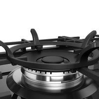 Cooktop a Gás Debacco Montreal 5 Bocas Vidro Preto 90cm mostrando queimador Dual Flame inox e trempe em ferro fundido sobre vidro temperado preto