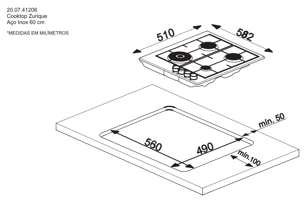 Cooktop à Gás Debacco Zurique 4 Bocas Inox 60cm desenho técnico com tampo inox, quatro queimadores e medidas de corte para embutir