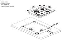 Cooktop à Gás Debacco Zurique 4 Bocas Inox 60cm desenho técnico com tampo inox, quatro queimadores e medidas de corte para embutir