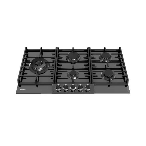 Cooktop a Gás Debacco Montreal 5 Bocas Vidro Preto 90cm em vidro temperado preto, queimadores Dual Flame e trempes em ferro fundido