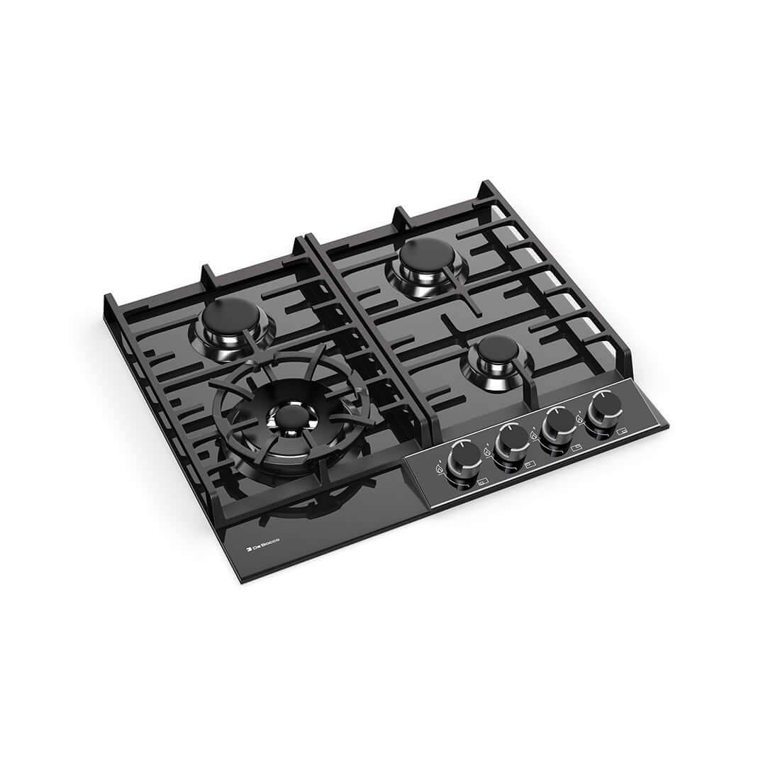 Cooktop à Gás Debacco Montreal 4 Bocas Vidro Preto 60cm em vidro temperado preto, 4 bocas com queimador dual flame, trempes ferro fundido