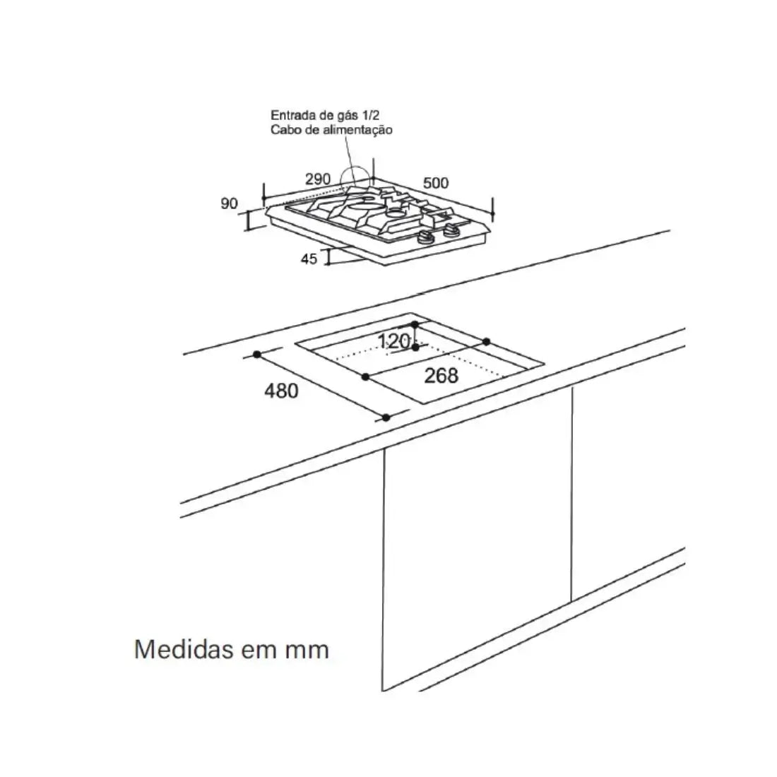 Cooktop Dominó a Gás Evol Siena 2 Bocas Inox 29cm, desenho técnico de medidas de corte para embutir em bancada, inox