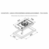 Cooktop Dominó a Gás Tecno 1 Boca Tripla Chama 30cm: cooktop a gás vitrocerâmico preto 1 boca com trempe em ferro e acendimento super automático