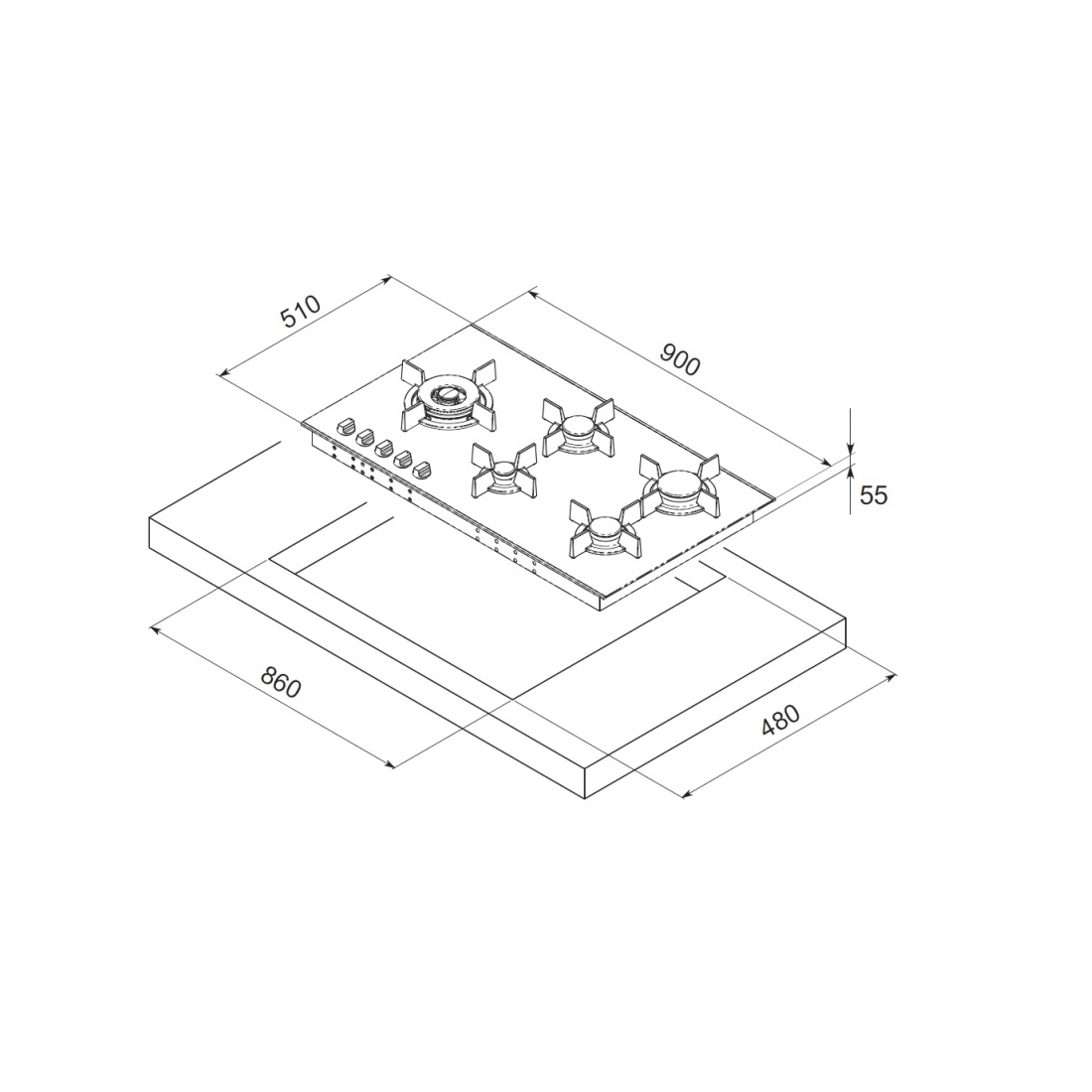 Cooktop à Gás Tecno 5 Bocas Vitrocerâmico 90cm desenho técnico com medidas, mesa vitrocerâmica preta, trempes em ferro fundido