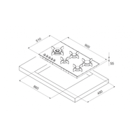 Cooktop à Gás Tecno 5 Bocas Vitrocerâmico 90cm desenho técnico com medidas, mesa vitrocerâmica preta, trempes em ferro fundido