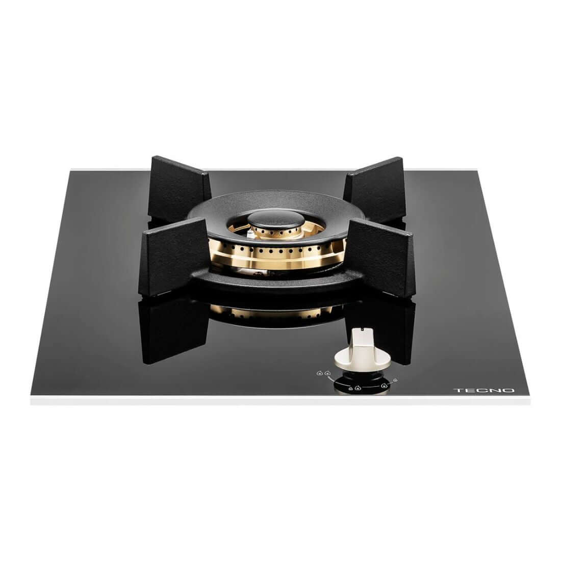 Cooktop Dominó a Gás Tecno 1 Boca Dual Flame 33cm em vitrocerâmico preto com acabamento inox, trempe ferro fundido e acendimento super automático
