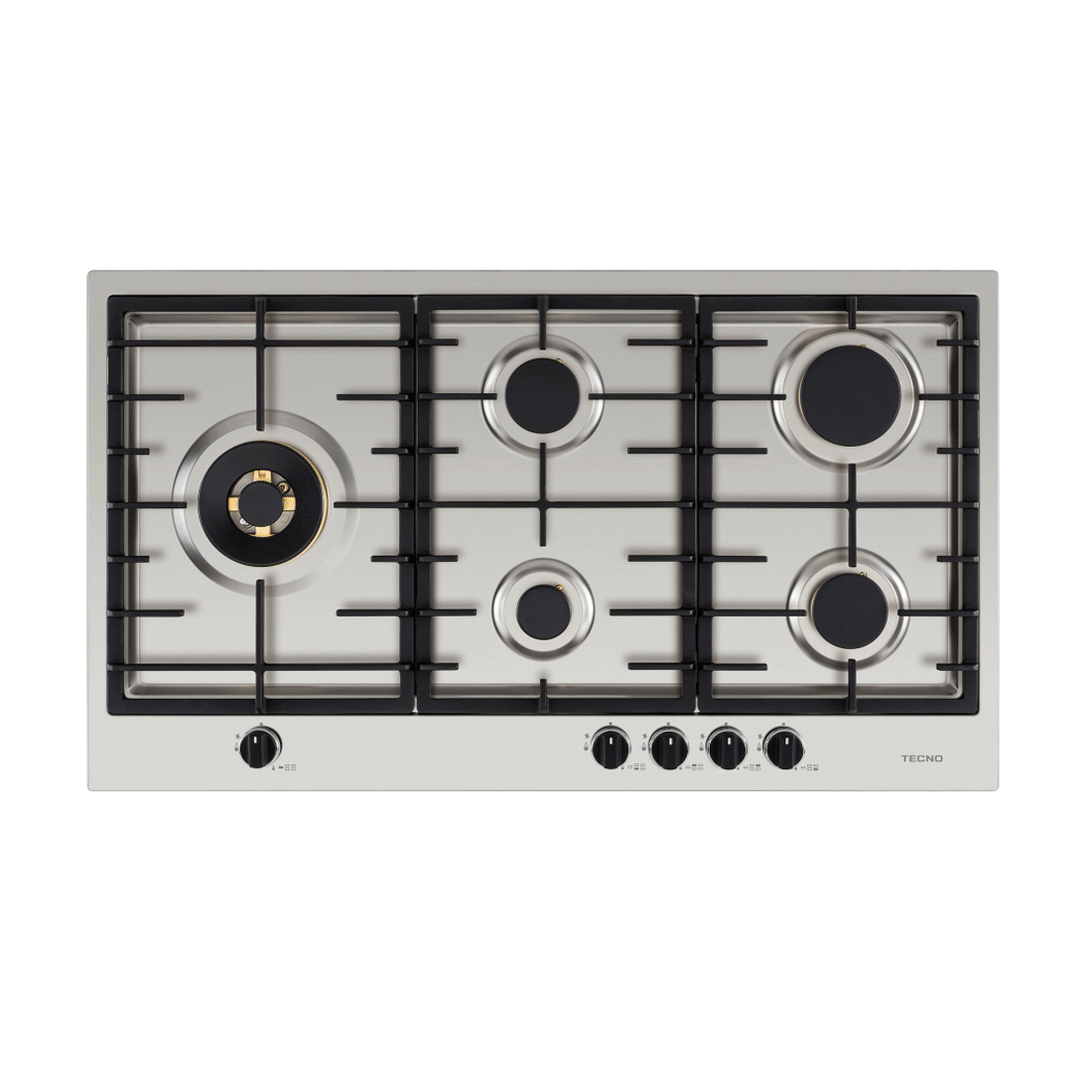 Cooktop a gás Tecno Original 5 Bocas Inox 90cm em inox com trempes em ferro, queimador dual, acendimento automático e painel frontal